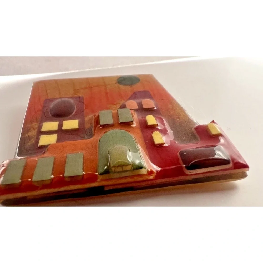 Lucinda House Pin Brooch Town Scene Resin Pueblo Casas Vintage Cityscape Artisan